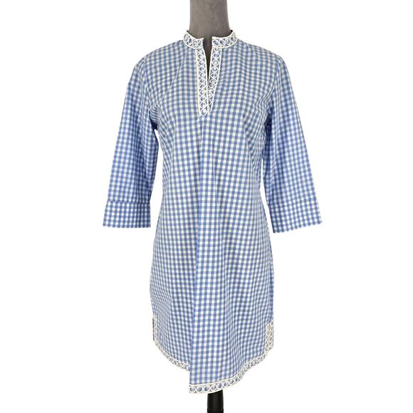 Haley and the Hound Dress Womens Small Blue White Check Cotton Embroidery Resort - Picture 1 of 13